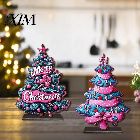 Unique Holiday Tree Ornaments 2D Wooden Christmas Tabletop Ornaments, Xmas Santa Colorful Room Snowman Sign with Stand, Party Decorations Festive
