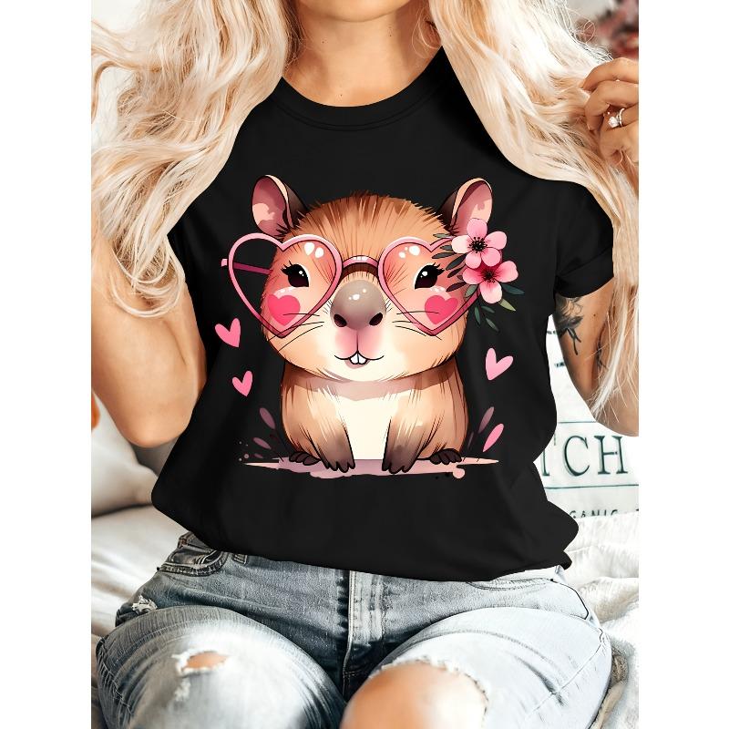 

European Size Women s Capybara Print Vintage T-Shirt with Heart Glasses & Capybara Face - Soft Round Neck Short Sleeve Blouse, for Spring Summer 4XL чорний