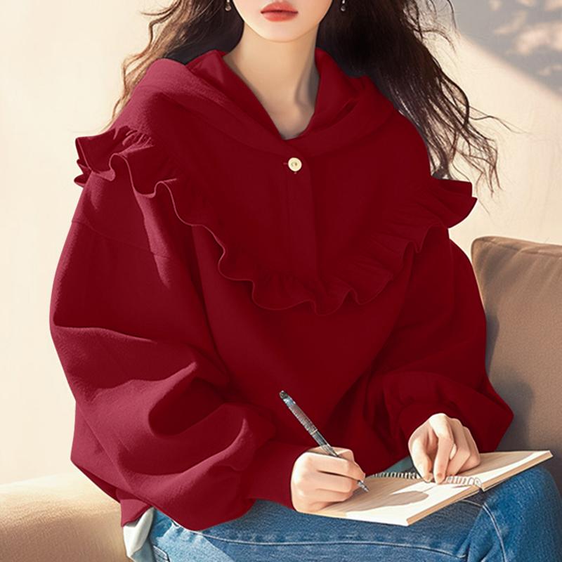 

VONDA Women Autumn Ruffled Long Sleeve Hooded Sweatshirts 5XL червоний