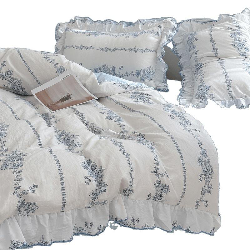 Super Soft Double Yarn Princess Style 4Pcs Set Lace Dormitory 3Pcs Set Bed Sheet Quilt Cover Bed Hat