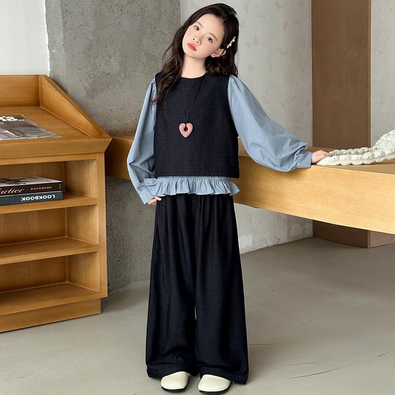 Autumn 2025 Girls' Three-Piece Set: Stylish Vest, Shirt & Wide-Leg Pants