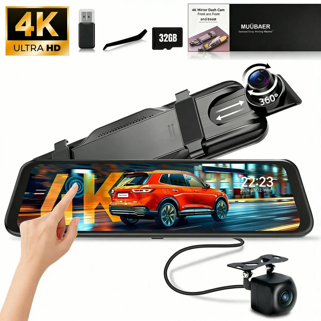Dash Cam for Cars 4K, 9.66" Touch Screen Rear View Mirror Camera, Front & Rear Recording, Wide Angle, Night Vision,32GB Card