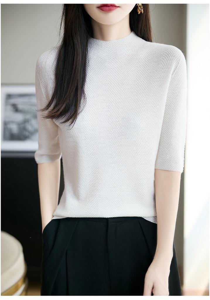 Yangzi 100% Wool Half-High Neck Knit Top, Women's Five-Point Sleeve Sweater - Early Autumn 2026