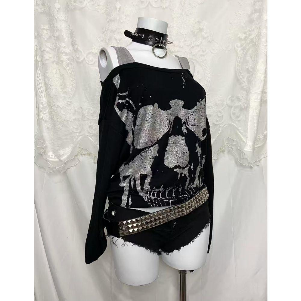 2000s American Vintage Gothic Black Women T-shirts Punk Style Graphic Grunge Tshirts Harajuku Y2k Long Sleeve Tops Streetwear