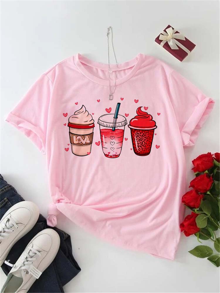 Women's T-shirt Korean Fashion Graphic Cup Print Women's Clothing T-shirts for Valentine's for Lovers Aesthetic Clothes Casual