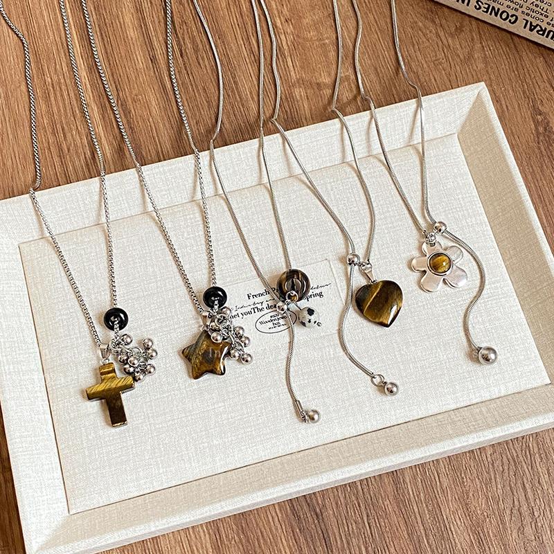 [HS][LA]1Pc Fashion Tiger Eye Stone Pendant Pull-Out Necklace For Women Long Sweater Chain Retro Jewelry Accessories