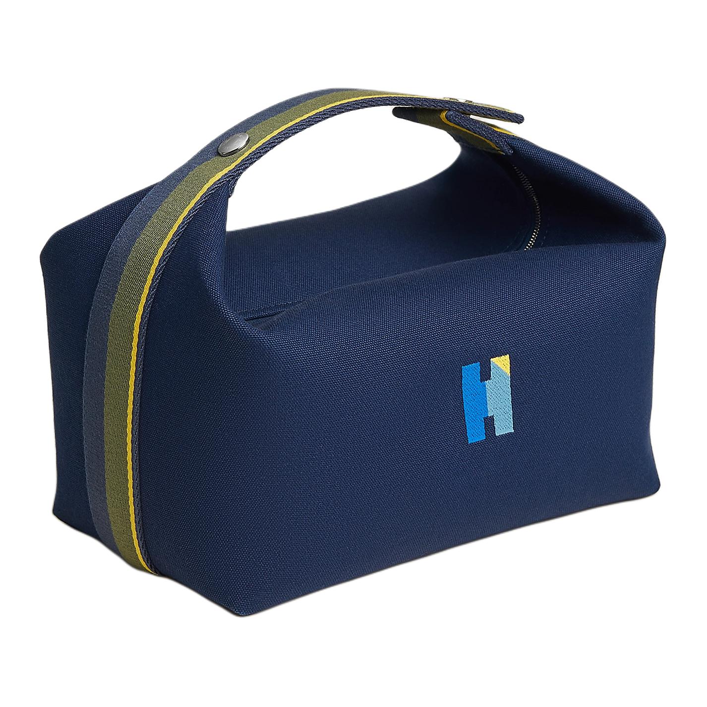 Hermes Bride-A-Brac H Pavilion Embroidered H Pattern Cotton Toiletry Bag Large Women Toiletry Bag Navy-Blue H104347MV04 Marine Blue