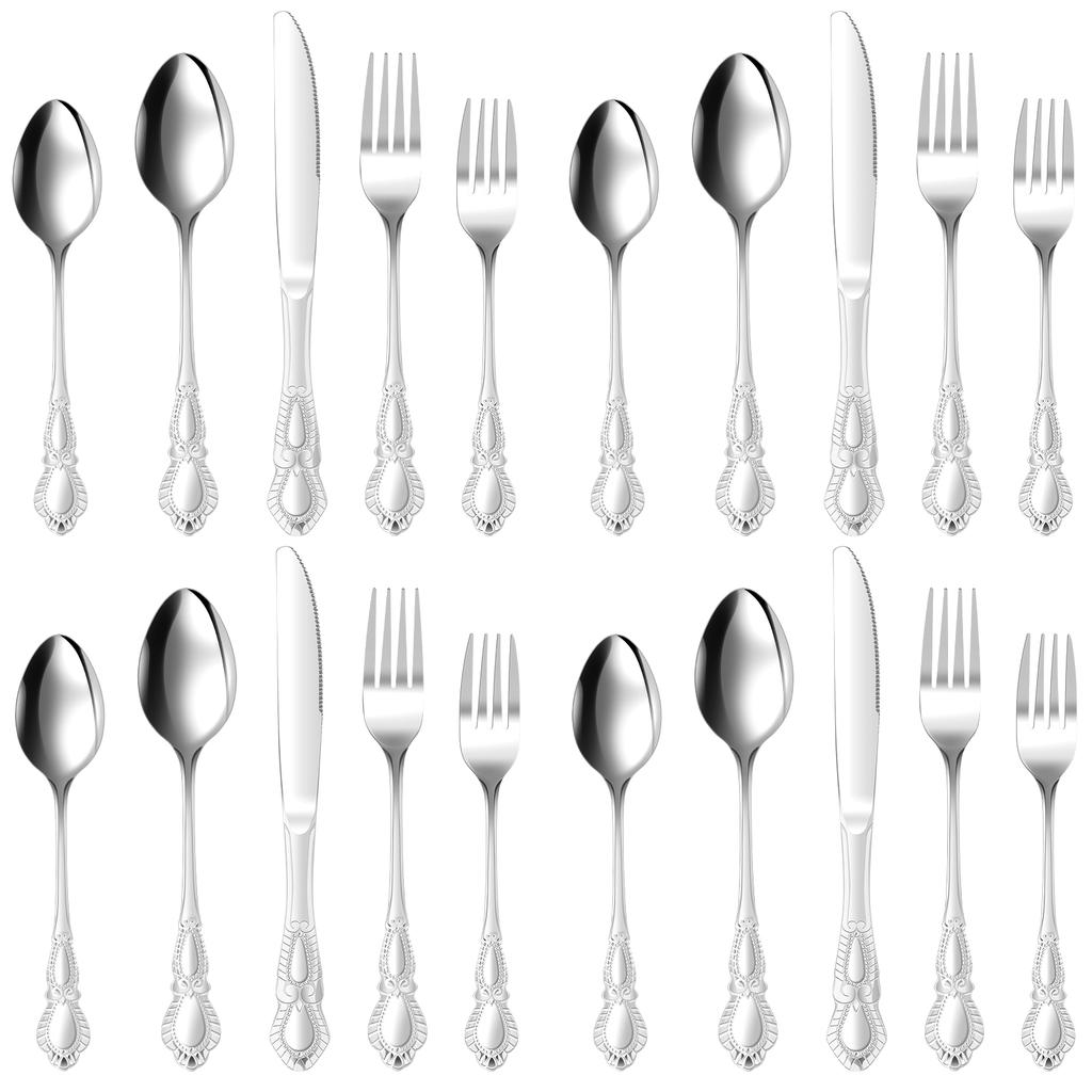 20 Pcs Vintage Silverware Set for 4 Stainless Steel Utensil Set Including Fork Spoon Picnic Travelling Ultralight Dinnerware