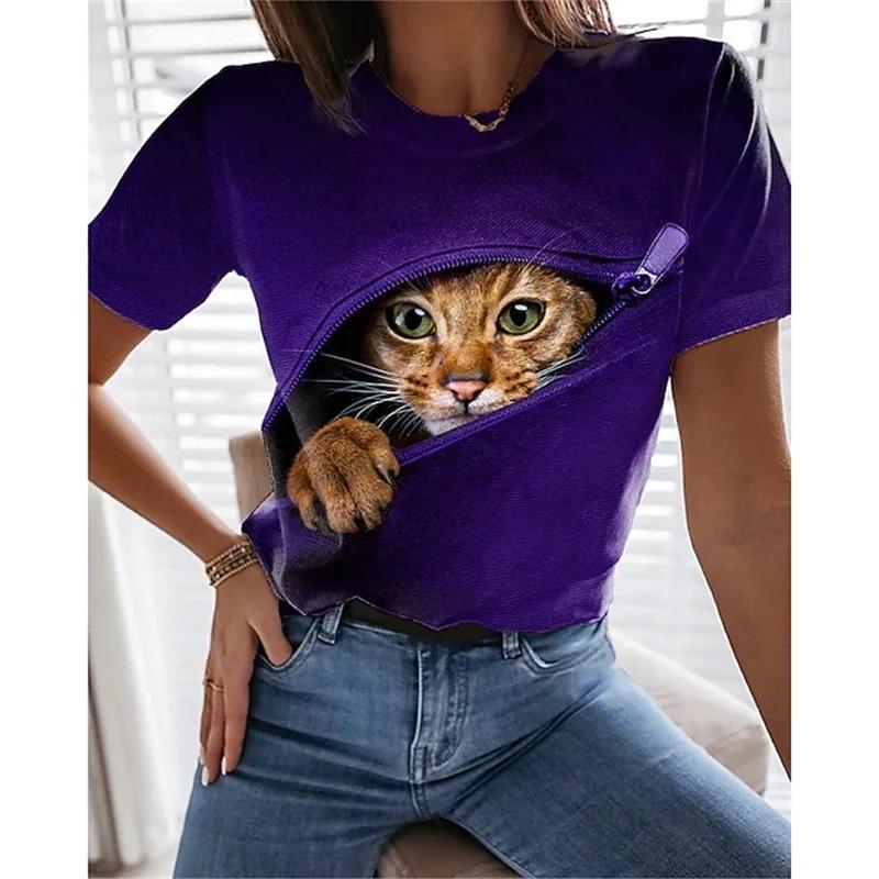 Großgrößen Lässige Rundhals-Oberteile Kurzarm Locker T-Shirts 3D-Druck Kawaii Katze T-Shirt Für Damen Lustige Tier-Grafik-T-Shirts