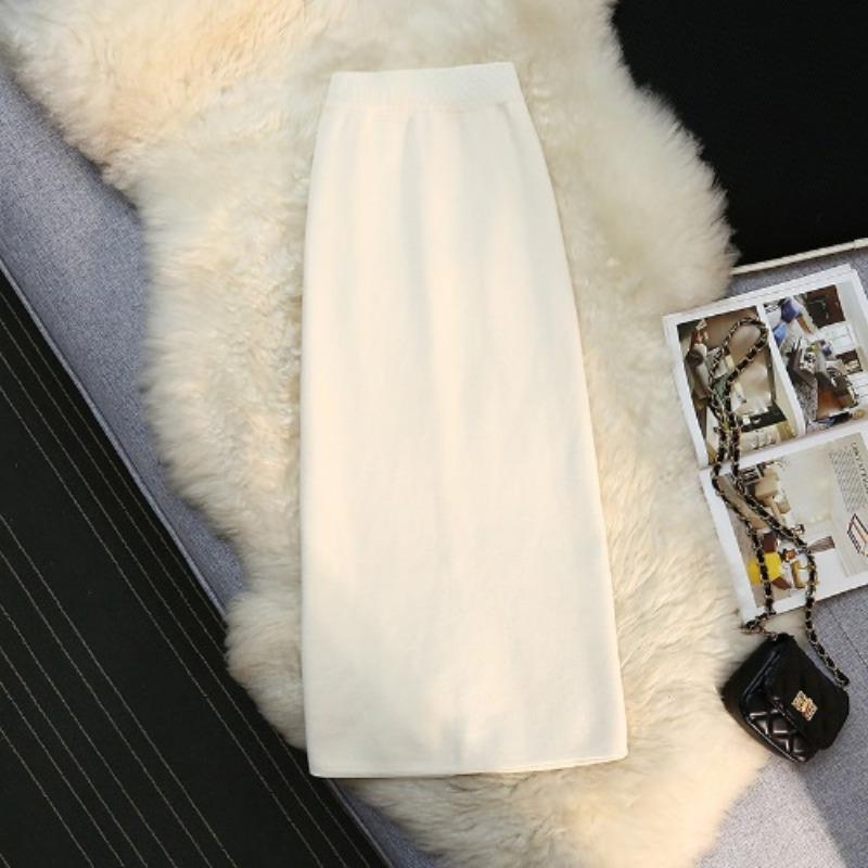 Новая корейская зимняя универсальная облегающая трикотажная шерстяная юбка средней длины однотонная юбка для женщин XL