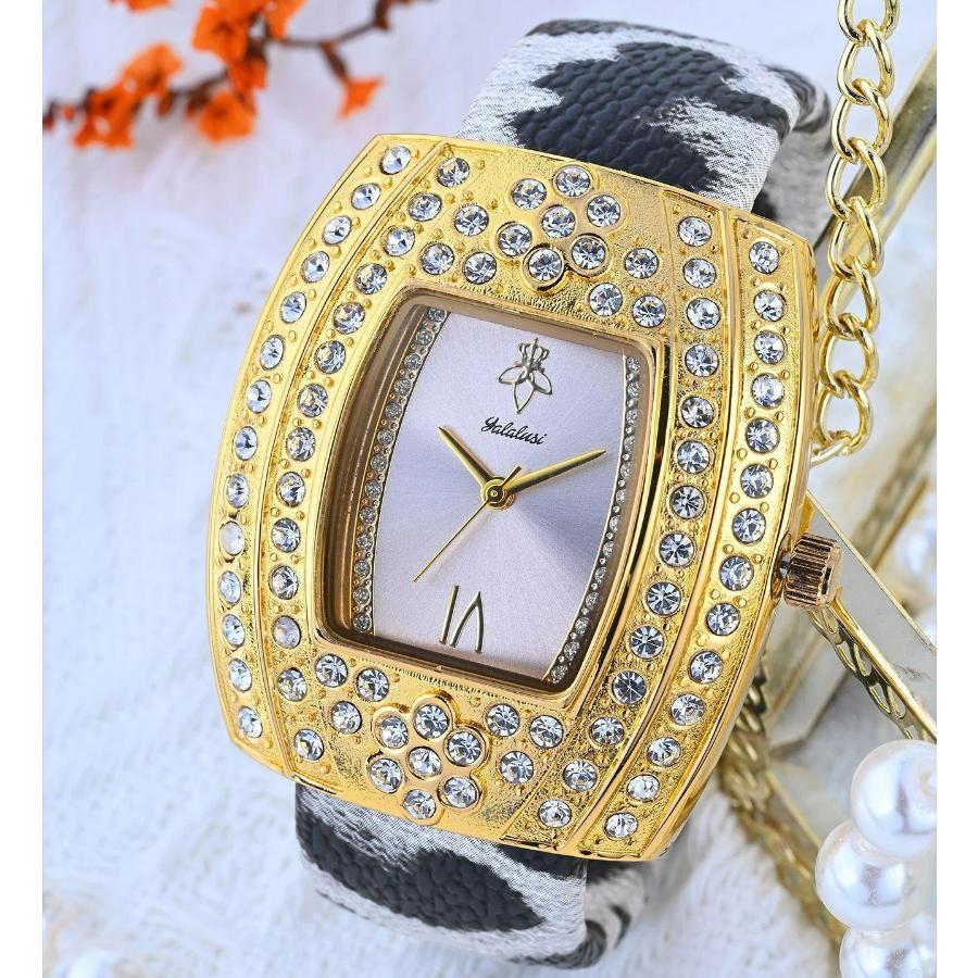 Moderne tonnenförmige Damenuhr Gold Iced Out Zifferblatt mit Leopardenarmband Luxus Quarz-Armbanduhr für Damen