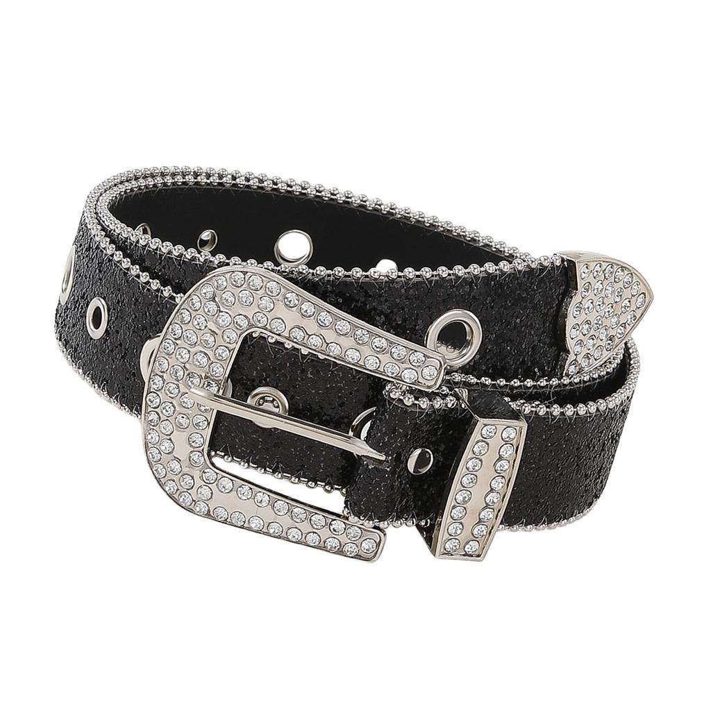 Rhinestones Belt for Women with Beaded Trim Glittering Buckle Hiphop Belt for Jeans Pants Fashion Decorative Waistband