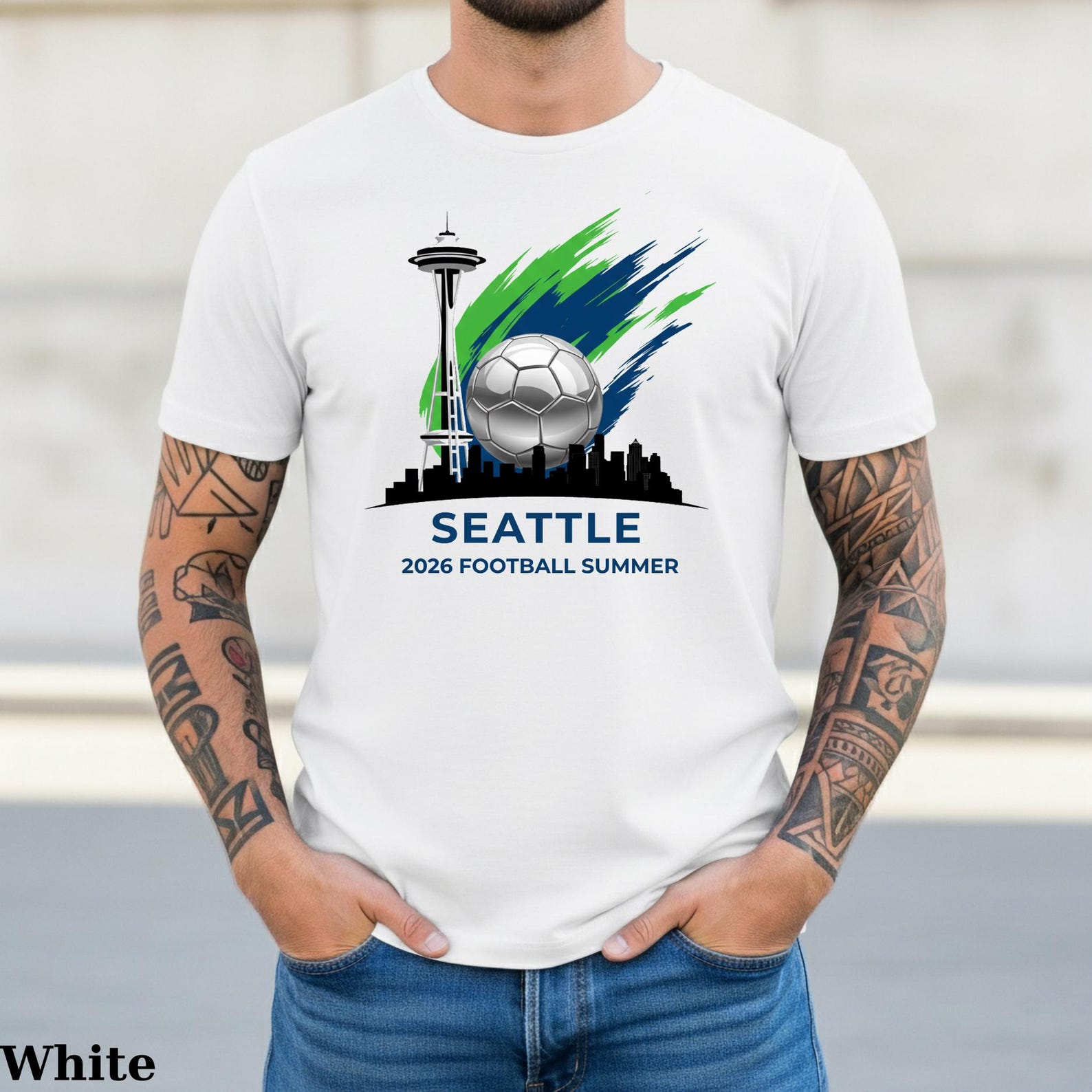 Seattle 2026 Soccer T-Shirt | Emerald City Football Fan Tee | Space Needle Skyline Tournament Shirt | Pacific Northwest Soccer Gift for Fans 2XL