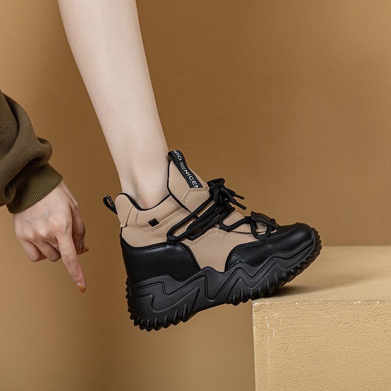 Autumn and winter thick-soled inner height-increasing shoes casual lace-up comfortable and warm casual short boots medium tube women's cotton shoes