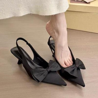 Elegante High Heels Damenschuhe Sommer Schwarz Flacher Mund Spitzschuh Schleife Slingbacks Luxus Party Büro Dame Sandalen