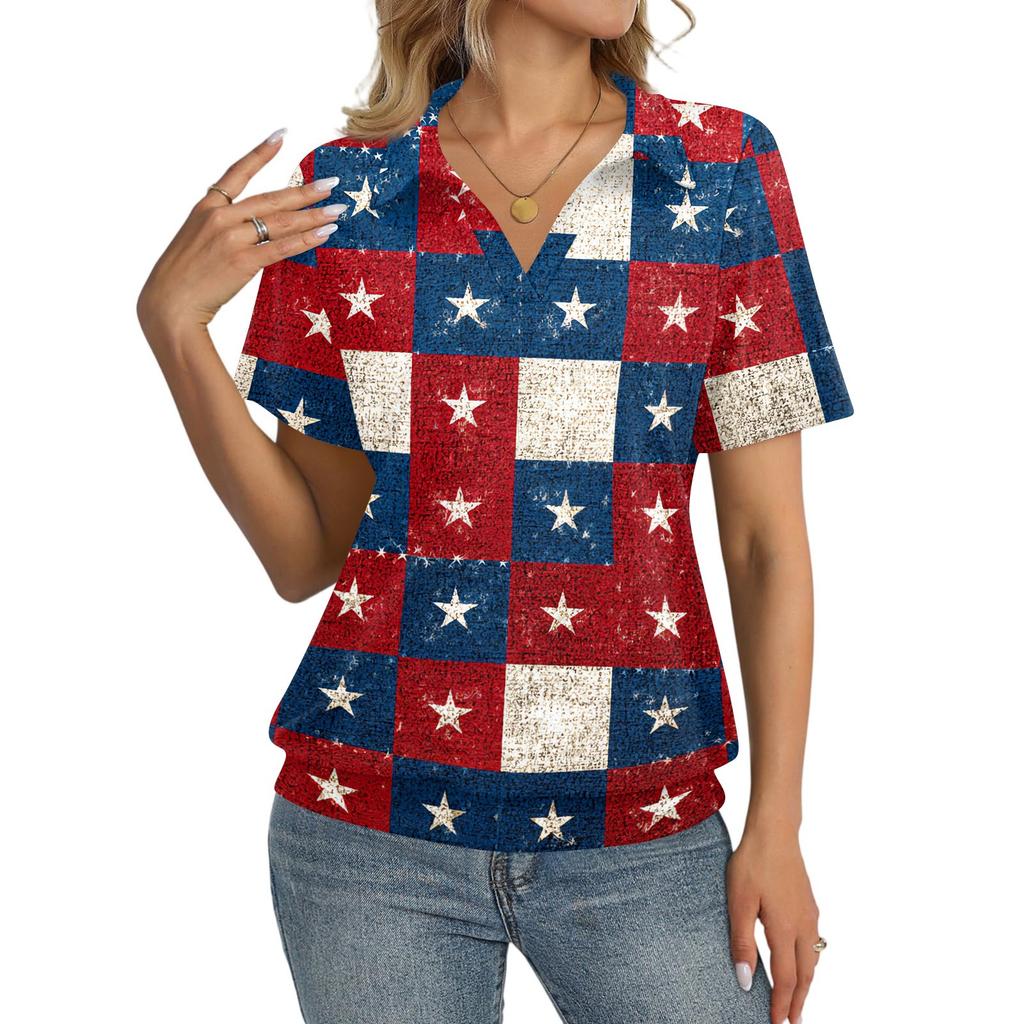Women Short Sleeve Collared Shirt with Star Print Casual Loose Fit Button Down Top for Daily Wear Holiday Outings Work