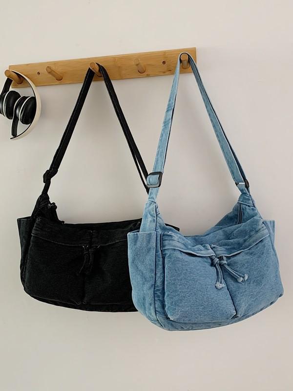 Wszechstronna torba na ramię i crossbody z teksturowanego spranego denimu 2025 z wieloma kieszeniami