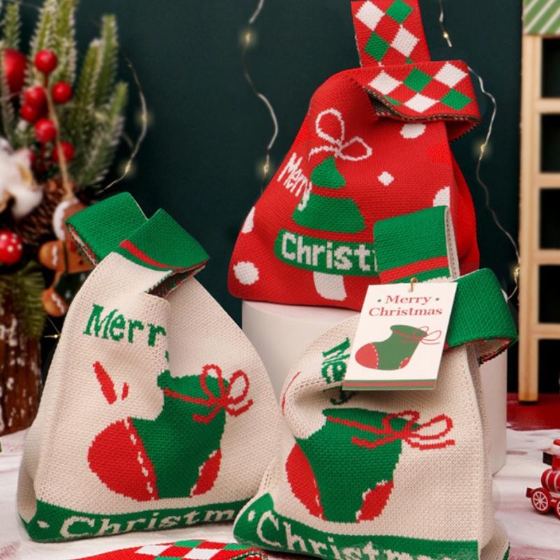 1Pc Santa Claus Knitted Tote Bag - Christmas Knot Wrist Handbag, Reusable Storage Bag for Candy Gift Packaging & Shopping