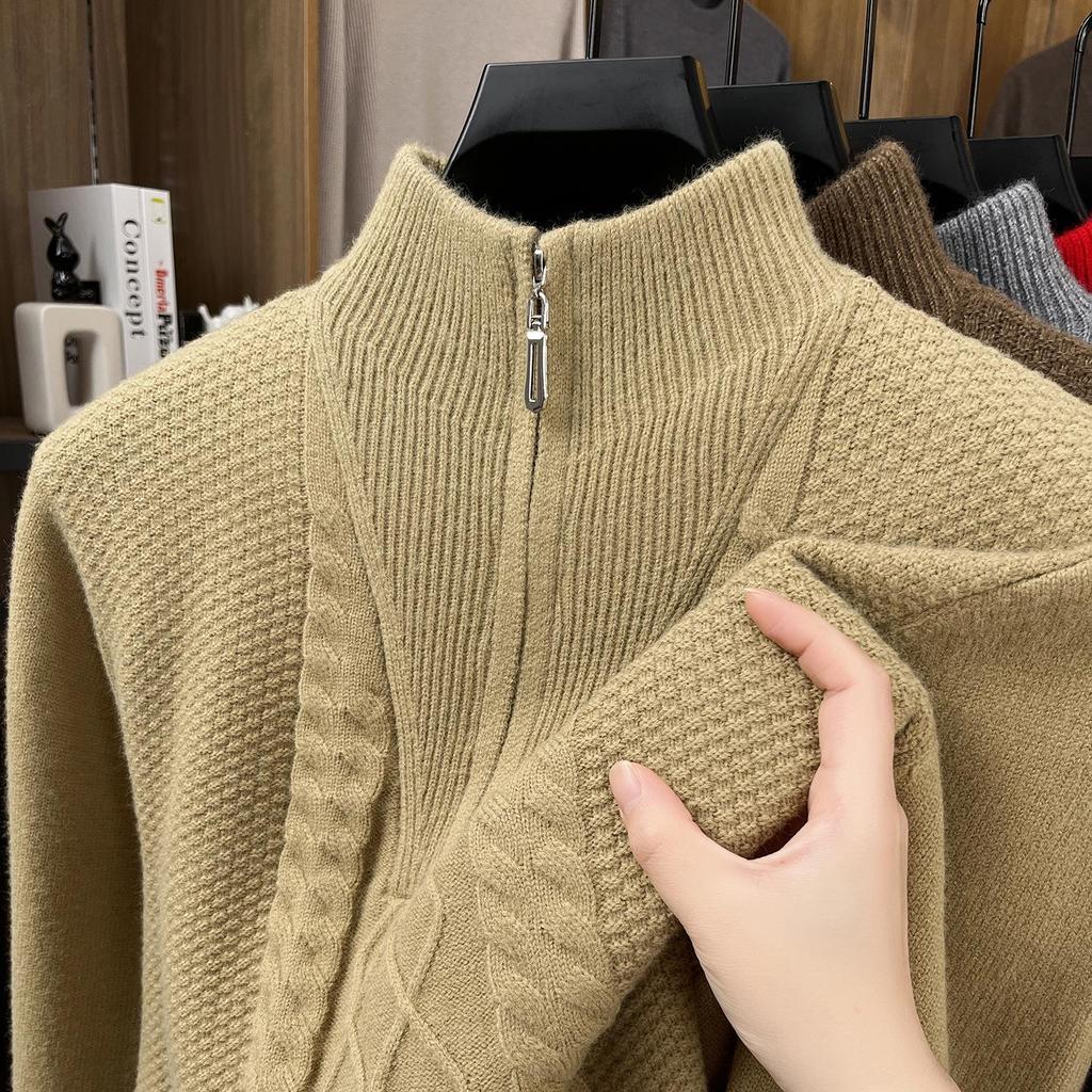 Zimní pletený svetr s půlzipem a vysokým límcem 2025 - Teplý jednobarevný svetr pro střední věk i mladé