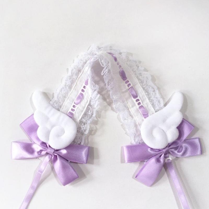 Women Hair Bands Maid Cosplay Headband Lolitas Lace Headwear with Cute Wings, Bowknot Decorations Hair Accessories