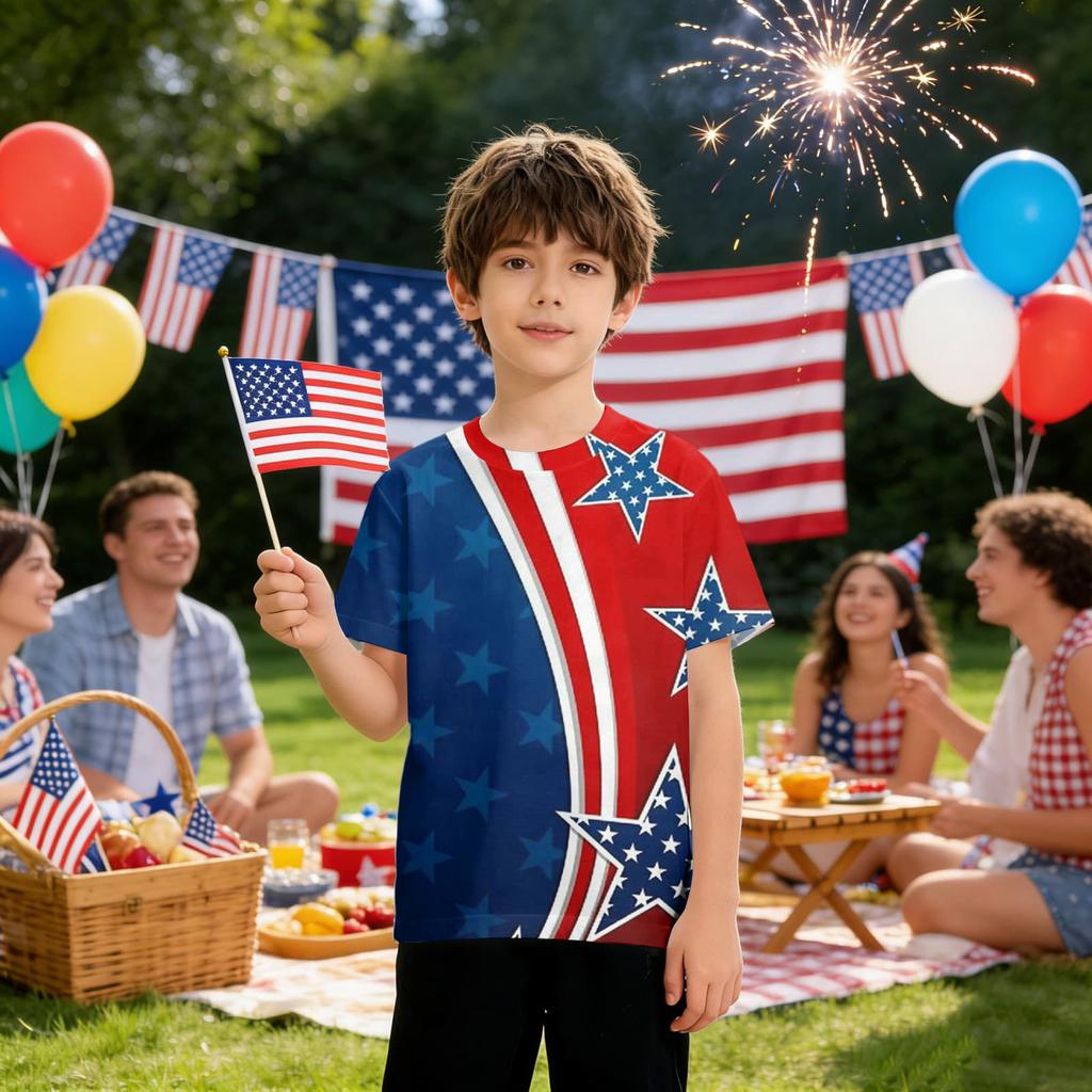 Kids Independence Day Print Round Neck Short Sleeve Casual T-shirt