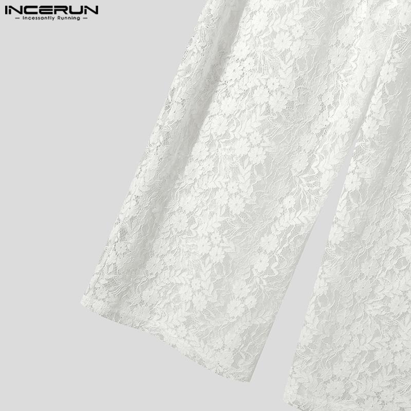 INCERUN Men Drawstring Elastic Waist Lace Patchwork Beach Loose Long Pants