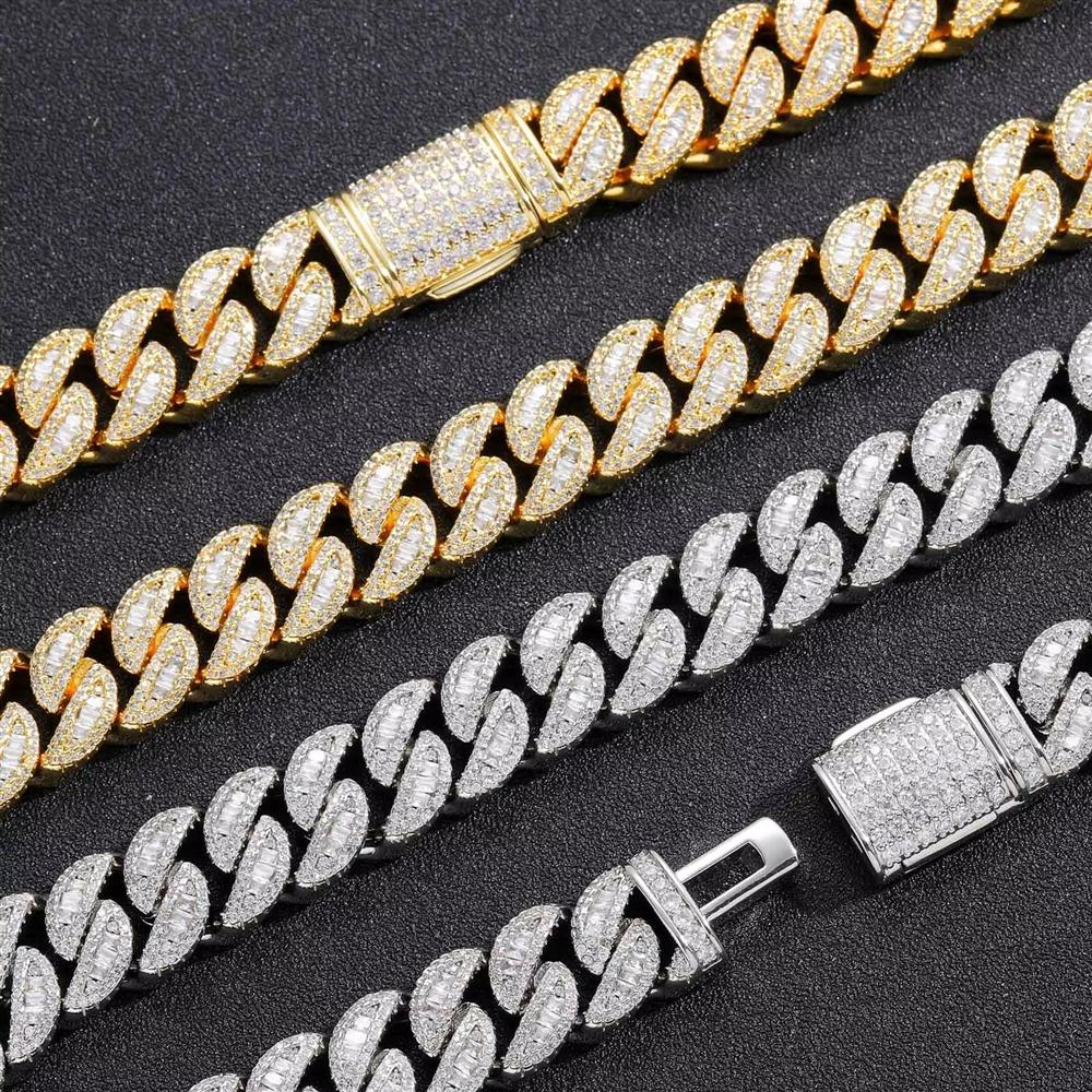 Fashion Hip Hop Jewelry 15mm Wide Iced Out Round and Baguette CZ Cuban Link Chain Bracelet for Men