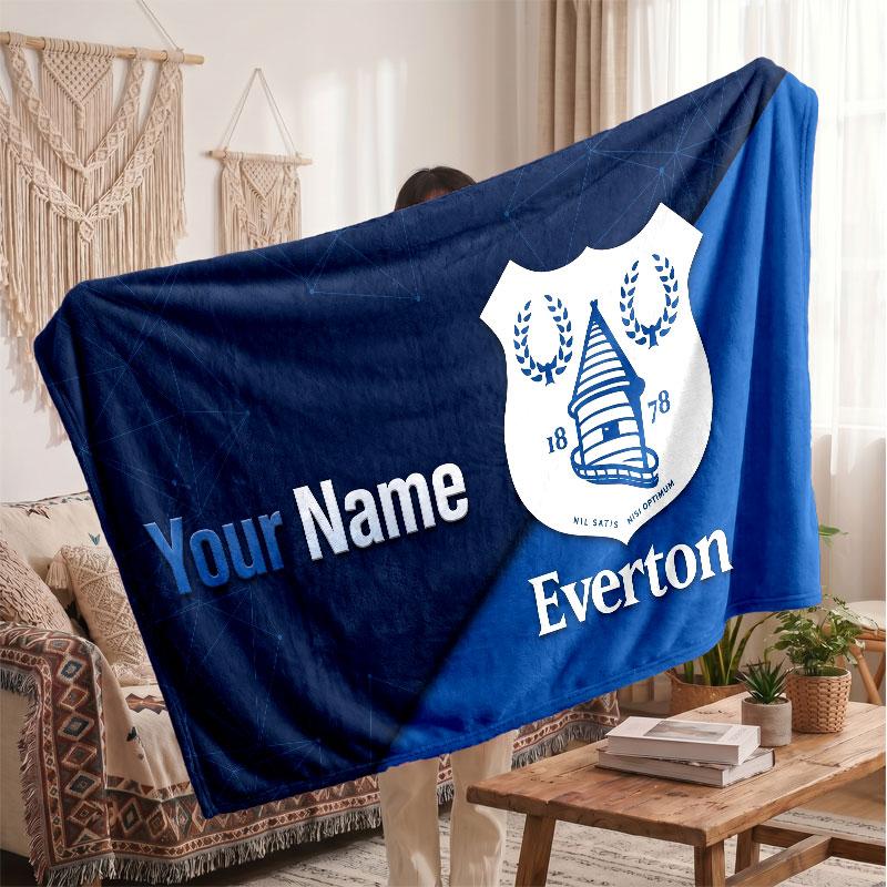 Everton FC Personalized Fleece Blanket With Football Logo, Custom Name Text Soft Warm Home Throw Blanket