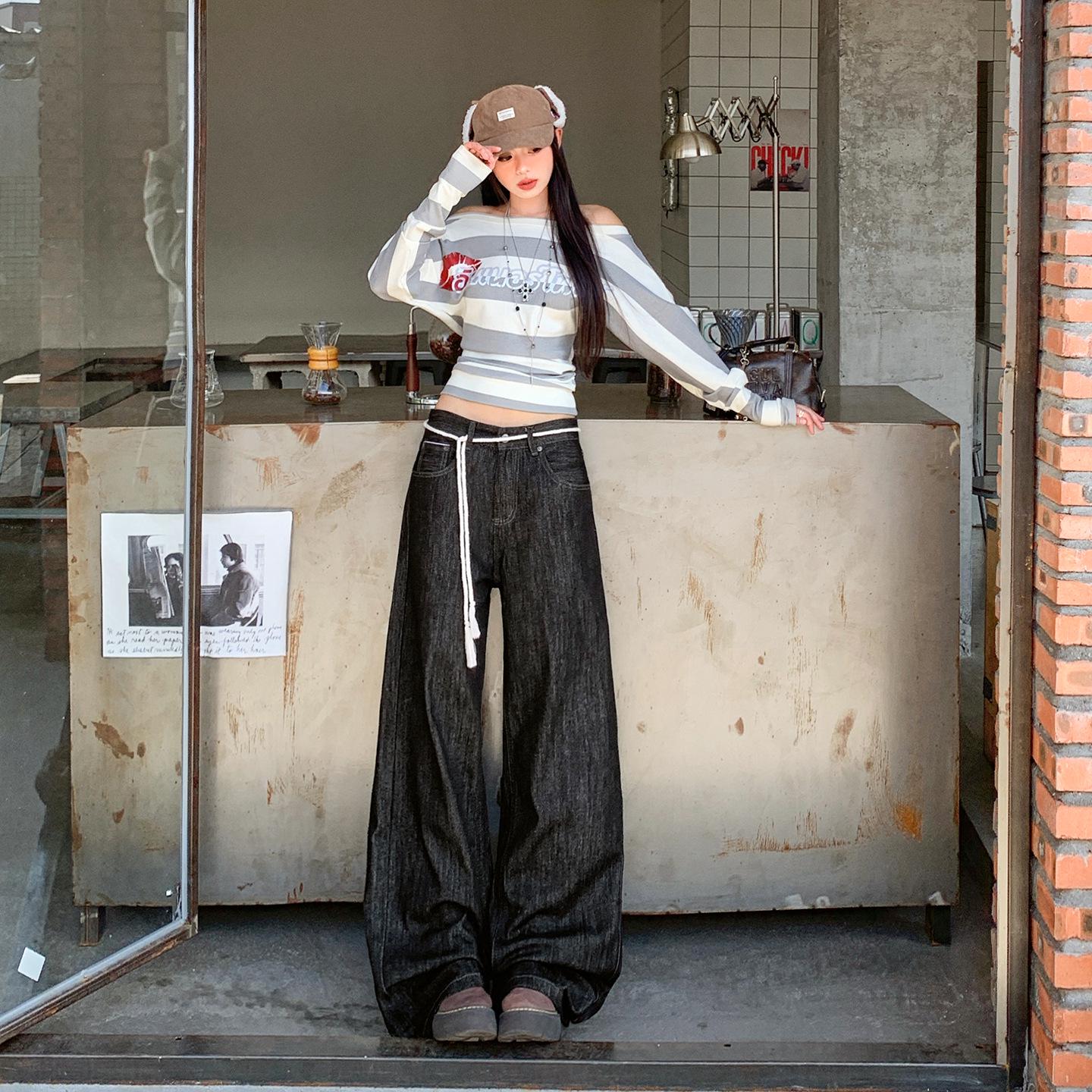 

American Retro Women s Wide-Leg Raw Denim Pants - 2025 Autumn/Winter Loose, Drapey, Slimming, Floor-Length Casual Style M