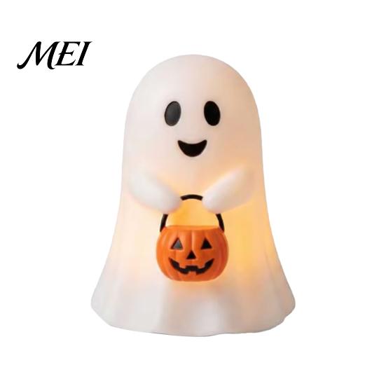 Christmas Eve Party Supplies Cute Ghost Holding Pumpkin Bucket Table Lamp, Halloween Spooky Bedside Synthetic Resin Ornaments Small LED Night