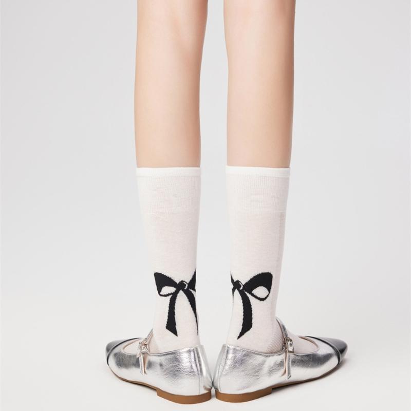 Cute Bowknot Pattern Long Calf Length Socks for Women and Girls Breathable Mesh Ribbed Student Cotton Stockings Hosiery