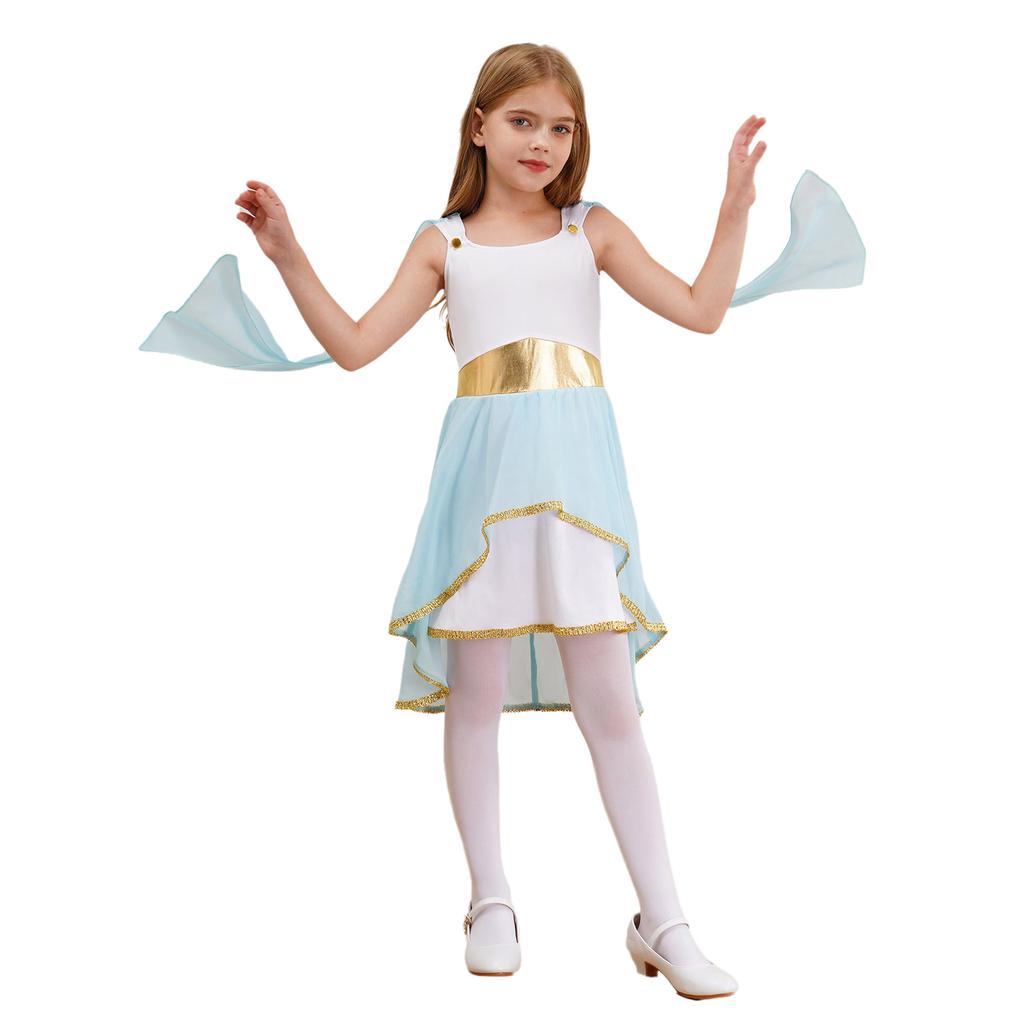 Kostium Greckiej Togi dla Dziewczynki: Bezrękawna Asymetryczna Zwiewna Sukienka Patchworkowa na Halloween Kostium Księżniczki Starożytnego Rzymu Cosplay