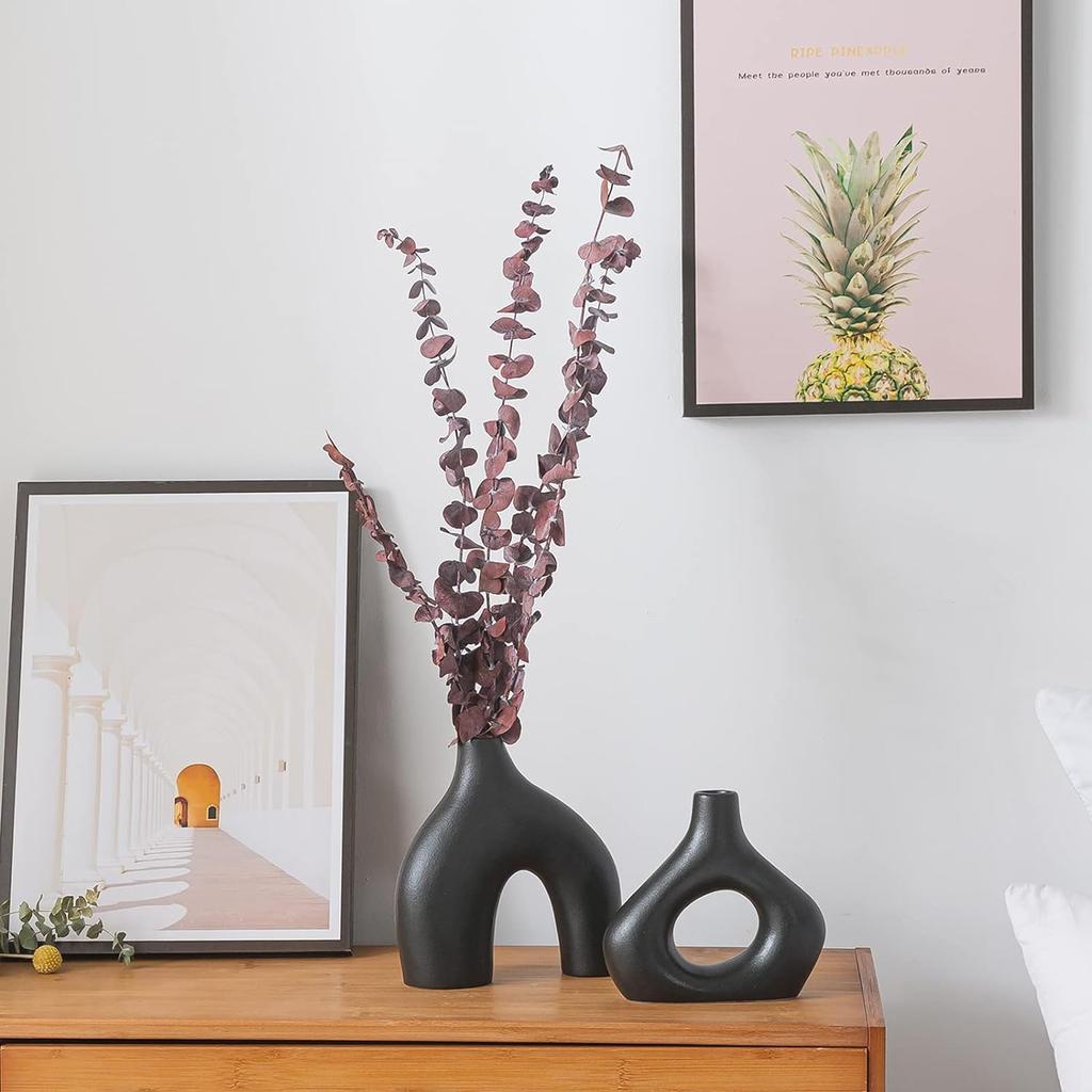 White Ceramic Vase Set of 2 for Home Decor, Round Matte Donut Vases for Pampas Grass, Nordic Style Flower Vases for Living Room Table Office Bedroom