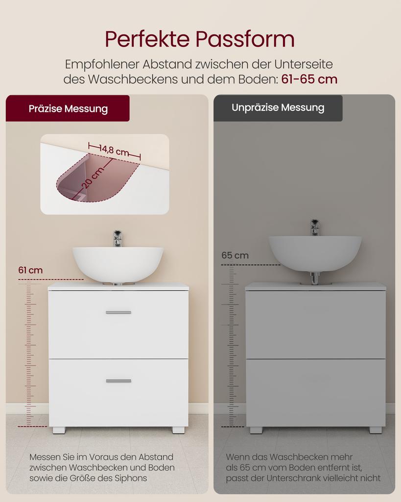 VASAGLE Custos Collection BBK520WB01 Vanity Unit with 2 Large Drawers, Bathroom Cabinet, High Feet, for Sink without Column, 30 x 60 x 63.8 cm
