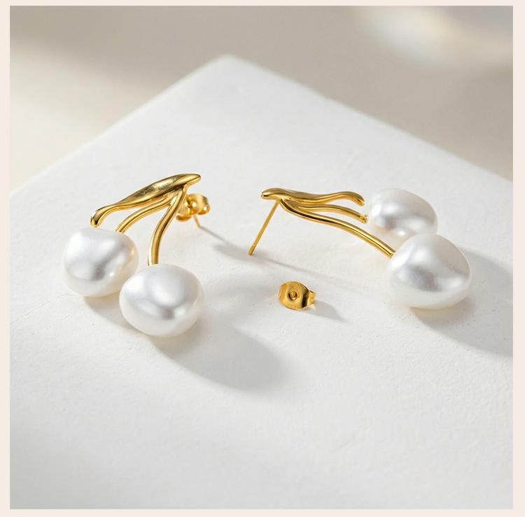 18K Gold Plated Pearl Cherry Earrings, Hypoallergenic Waterproof Stainless Steel, Elegant Jewelry for Women, Cute Fruit Studs