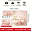 Pink Happy Birthday Banner Backdrop Marble Roses Pampas Greenery Polyester