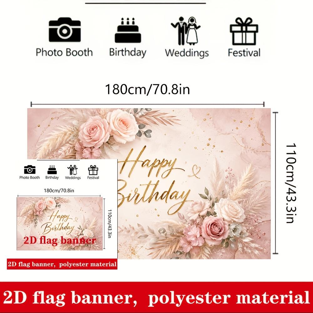 Pink Happy Birthday Banner Backdrop Marble Roses Pampas Greenery Polyester