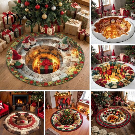 Cozy Indoor Floor Covering Christmas Round Rug, 3D Illusion Mat, Holiday Winter Carpet, Soft Gnome Deer Crystal Velvet Mat Santa House Festive Rug for