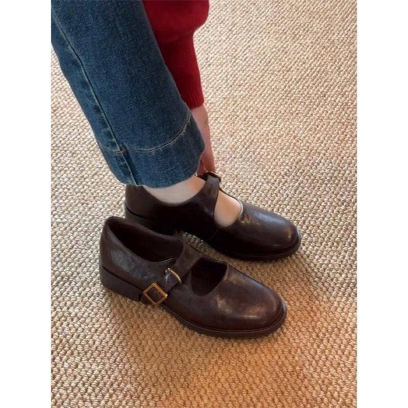 Leather Retro Round Head with Thick Heel Mary Jane Small Leather Shoes Women's New French Light Mouth Temperament Versatile Single Shoes