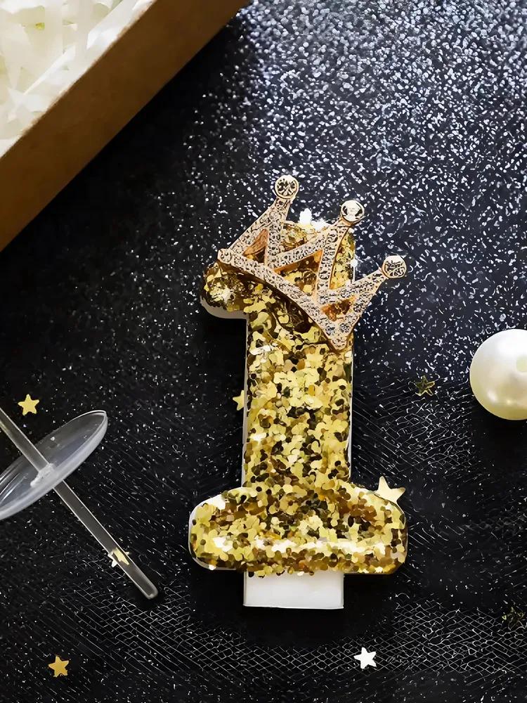 Number One Candle with Crown Design Glitter Birthday Cake Decoration Sparkling Number Candle for Celebration Events and Parties One Size