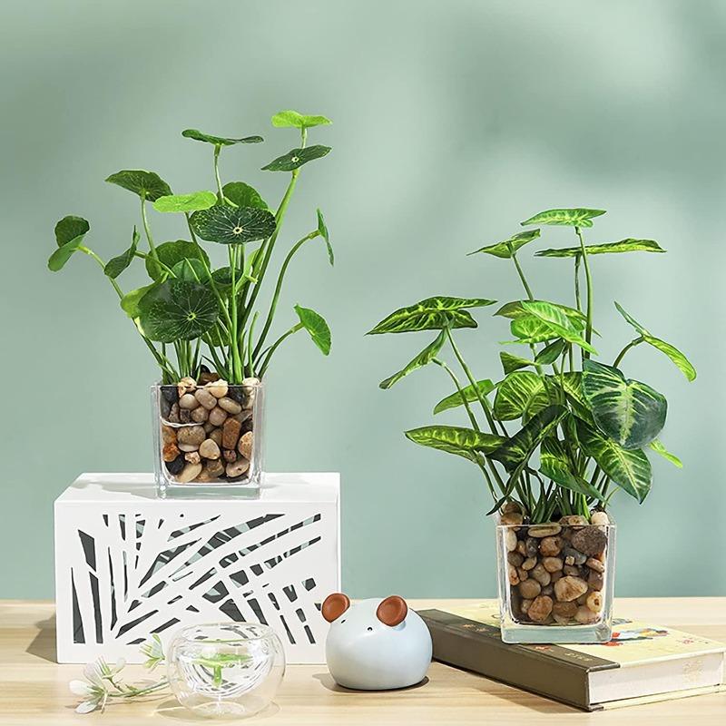 Artificial Potted Plants, Set of 4 Faux Tabletop Greenery with Clear Glass Pots and Cobblestones, Included Artificial Taro