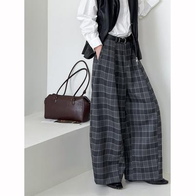 Grau Kariert Hohe Taille Weites Bein Vintage Anzughose Locker Geschnittene Hose Damenmode Tide Frühling Herbst