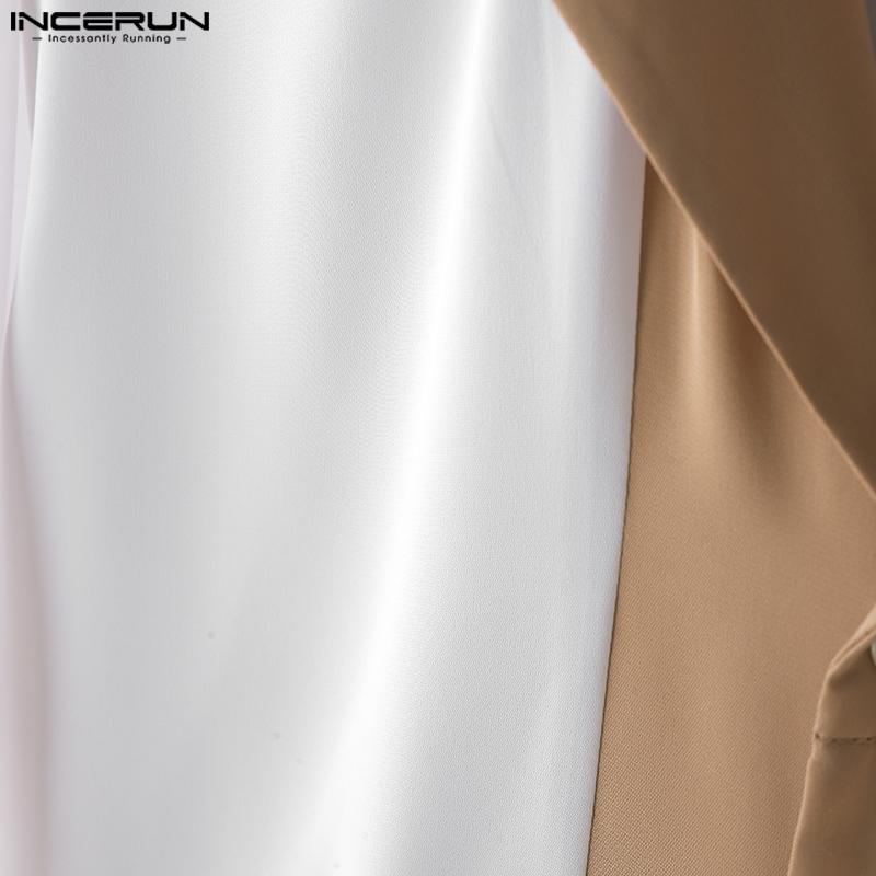 INCERUN Oversized Men Lapel Neck Half Sleeve Patchwork Casual Shirts