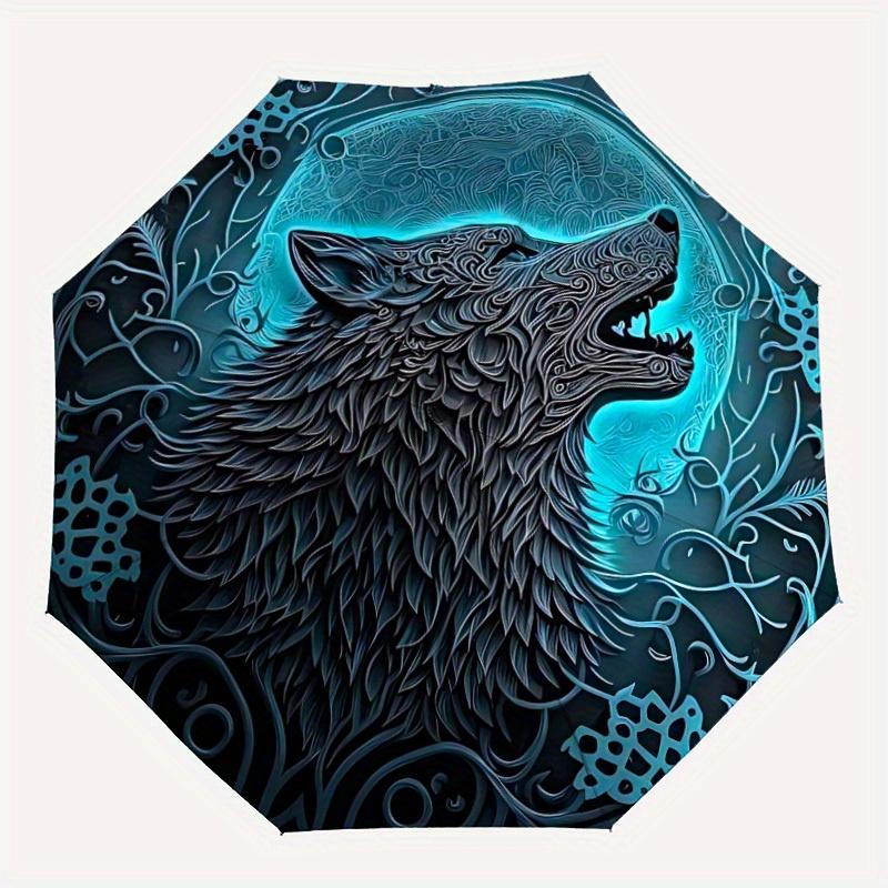 

1pc Wolf Moon Compact Travel Umbrella, Automatic Folding Lightweight Windproof 8-Bone Reinforced Design, Portable for Backpack Durable Canop