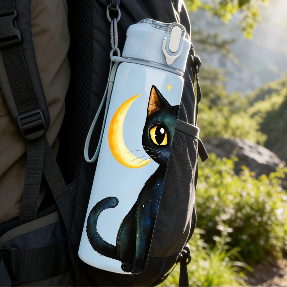 1PC Night Moon Black Cat 750ml Color Plastic Sports Water Bottle Leakproof Flip Straw Lid Suitable for Sports Office Home Use