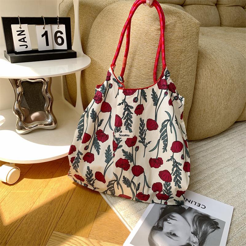 Hanfeng Summer Largecapacity Hand Carry Shoulder Bag Drawstring Shopping Bag Fresh Floral Tote Bag Underarm Bag