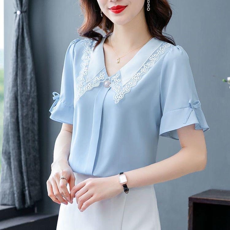 Summer New Doll Neck Loose Top Short Sleeve Bottoming Shirt Mom Summer Flare Sleeve Solid Color Blouse 3XL
