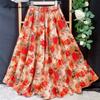 Bohemia Spring Summer Women Midi Skirt High Waist Orange Floral Soft Skirt Vintage Cotton Linen A-Line Skirts