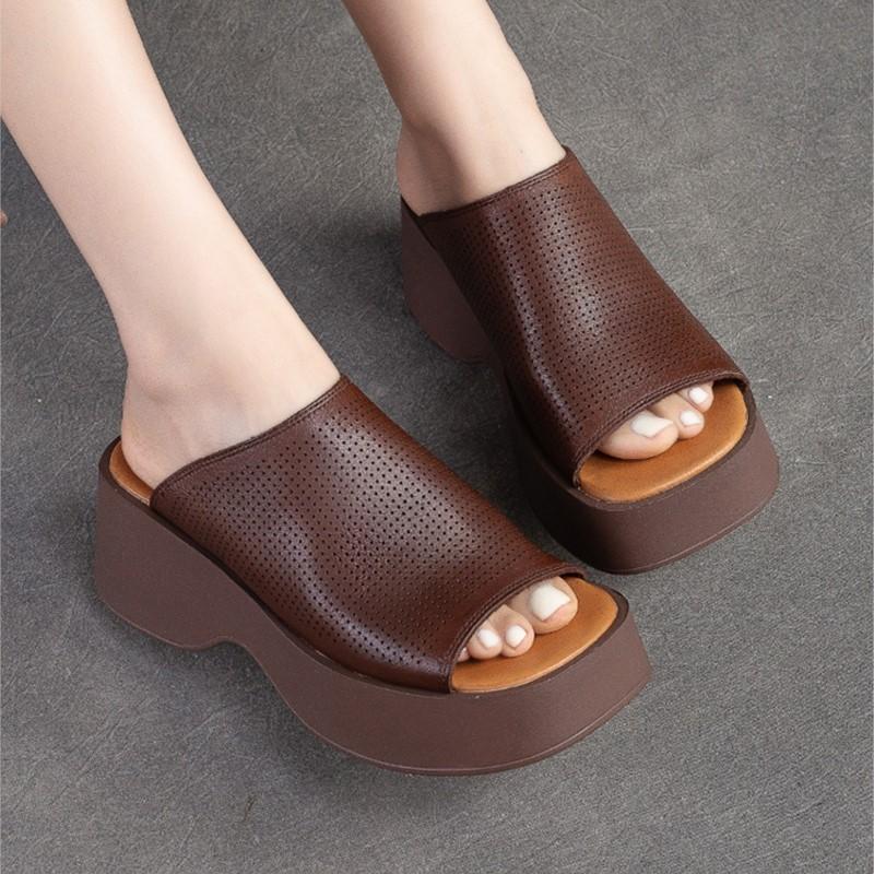 Johnature Genuine Leather Thick Soles Peep Toe Shoes Women Vintage Wedges Slides Outdoor Platform Slippers