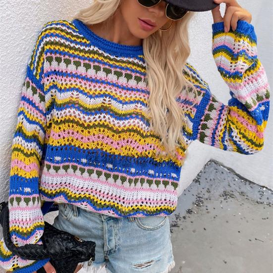 Loose Casual Women Sweater Round Neck Long Sleeve Contrasting Color Stripe Knitted